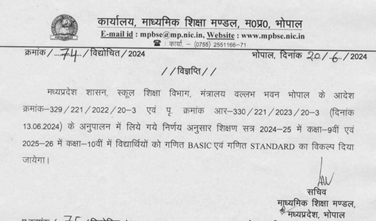 MP Board Declared Basic and Standard Maths in 9th and 10th